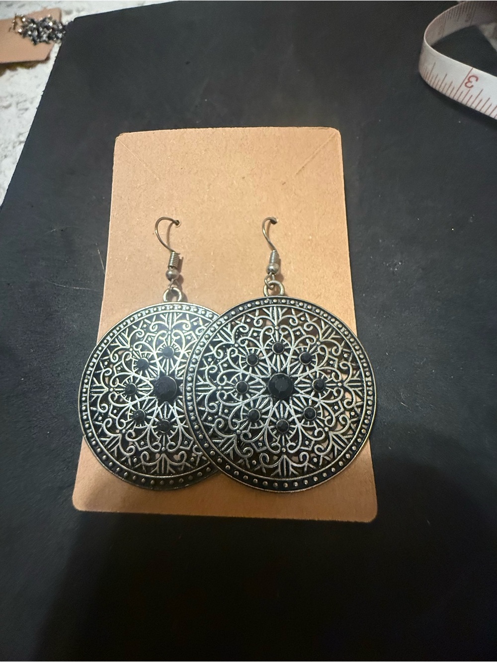 Charming Charlie Black and Silver Filigree Round Drop Earrings